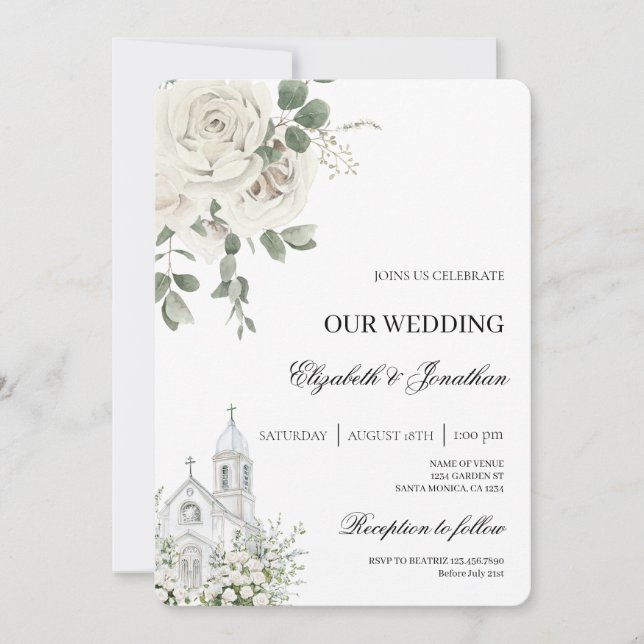 Invitación de boda de iglesia floral blanca (Anverso)