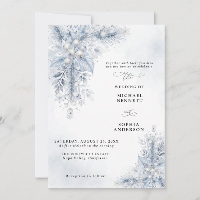 Invitación de Boda de Invierno con Bayas Blancas C (Anverso)