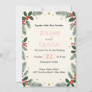 Invitación de boda de invierno con bayas de acebo 