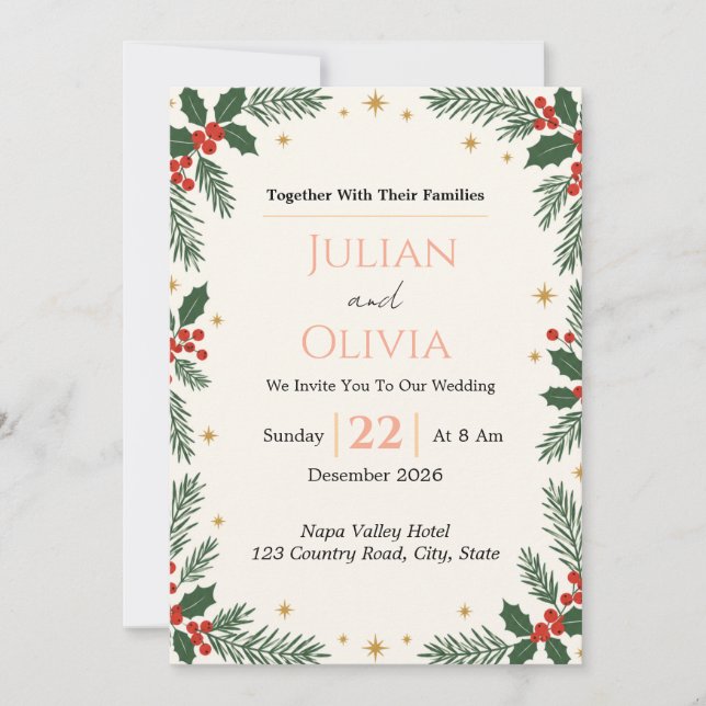 Invitación de boda de invierno con bayas de acebo  (Anverso)