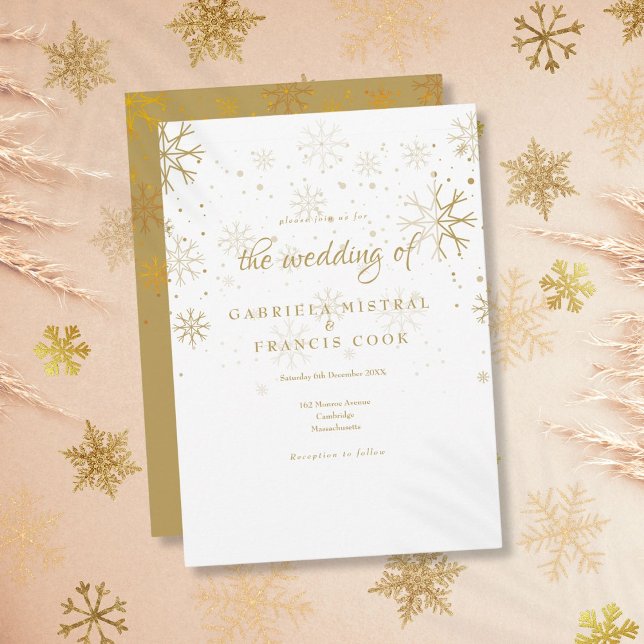 Invitación de boda de invierno con copos de nieve  (Gold Snowflakes Winter Wedding Invitation)