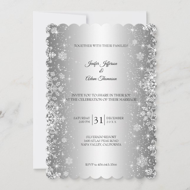Invitación de boda de invierno con copos de nieve  (Anverso)