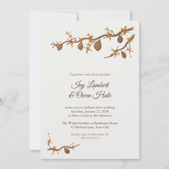Invitación de boda de invierno con flor de hamamel (Anverso)