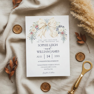 Invitación de boda de invierno con lazo de crema y
