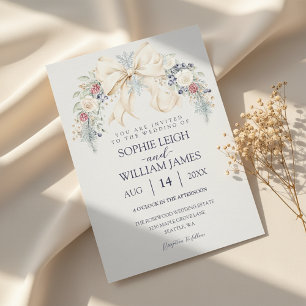 Invitación de boda de invierno con lazo de crema y