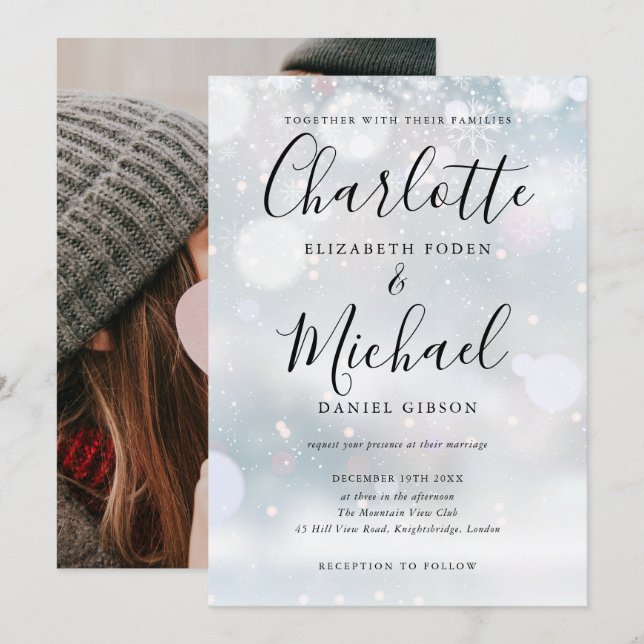 Invitación de Boda de Invierno Copos de Nieve de G (Anverso / Reverso)