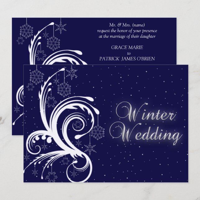 Invitación de boda de invierno, copos de nieve y e (Anverso / Reverso)