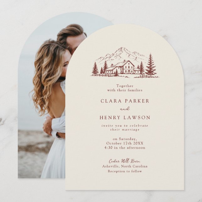 Invitación de boda de invierno de Lodge Burgundy (Anverso / Reverso)