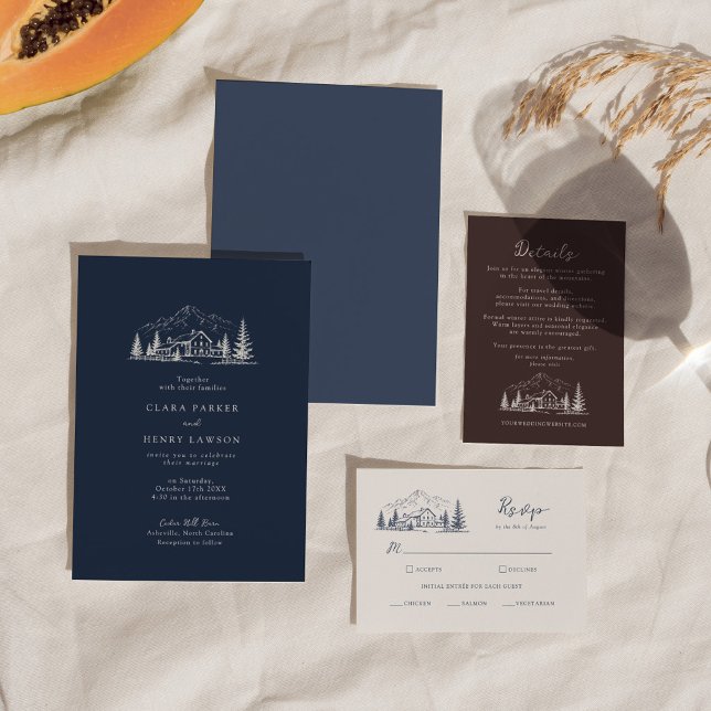 Invitación de boda de invierno de Lodge Dark Navy (Subido por el creador)