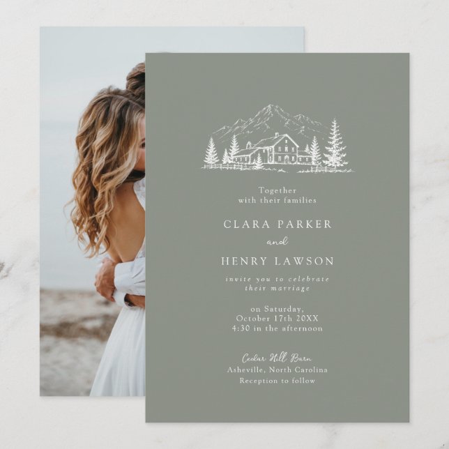 Invitación de boda de invierno de pino verde bosqu (Anverso / Reverso)