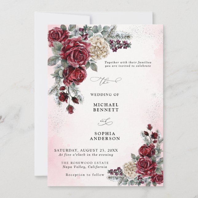 Invitación de boda de invierno de rosas congeladas (Anverso)