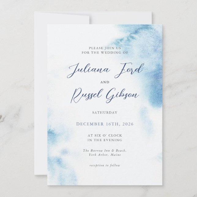Invitación de boda de invierno en acuarela azul po (Anverso)