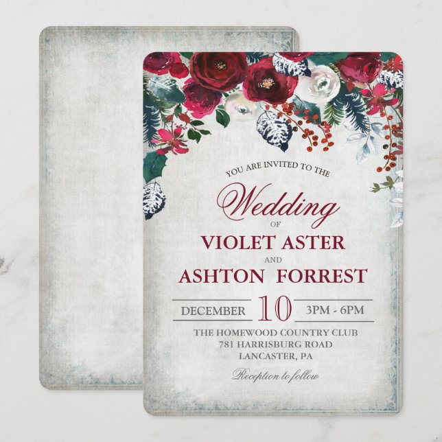 Invitación de boda de invierno floral borgoña (Anverso / Reverso)