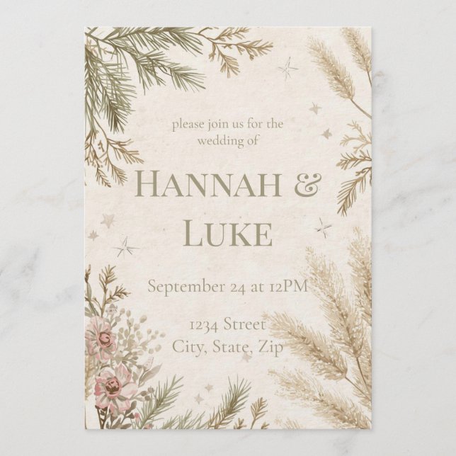 Invitación de boda de invierno rústica boho con ni (Anverso)