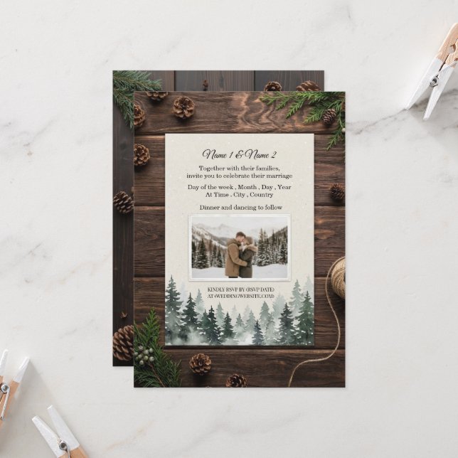 Invitación de boda de invierno rústica con foto (Anverso/Reverso In Situ)