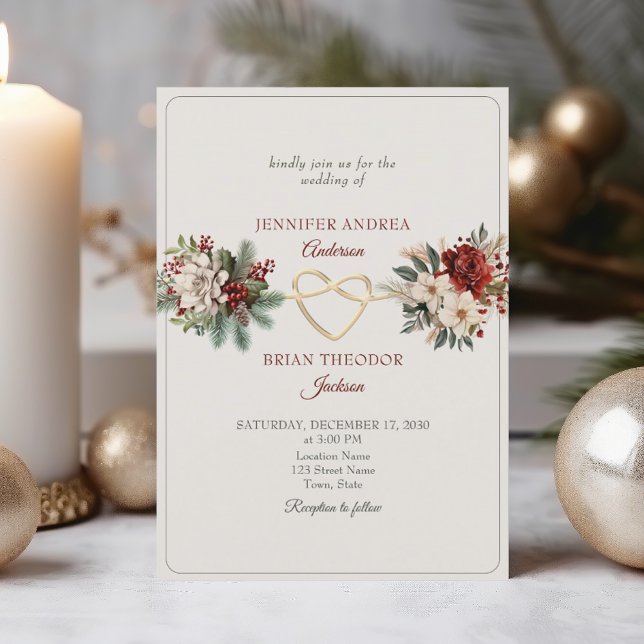Invitación de boda de invierno rústica roja verde (Subido por el creador)