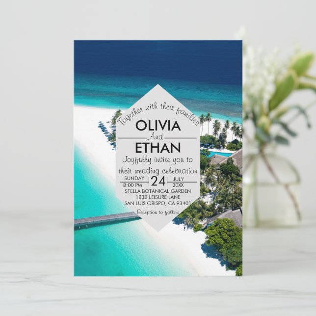 Invitación de boda de isla junto al mar de la Mari (Anverso de pie)