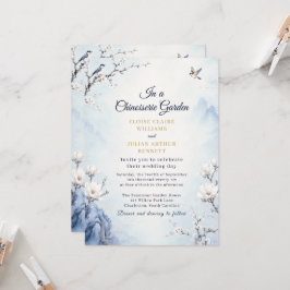 Invitación de boda de jardín con chinoisería azul