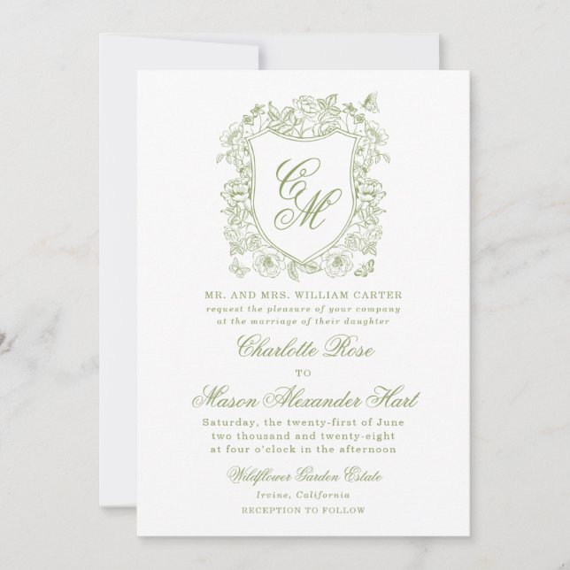 Invitación de boda de jardín con cresta de verde s (Anverso)