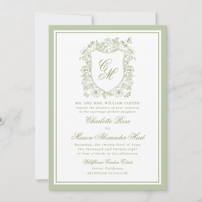 Invitación de boda de jardín con cresta de verde s (Anverso)