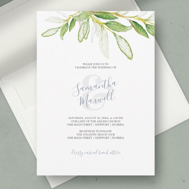 Invitación de boda de jardín de hojas botánicas (watercolour wedding invitations designed with hand painted greenery)