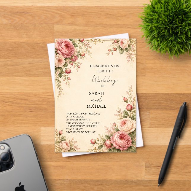 invitación de boda de jardín de rosa antigua (Insitu (Tarjeta de Invitación))