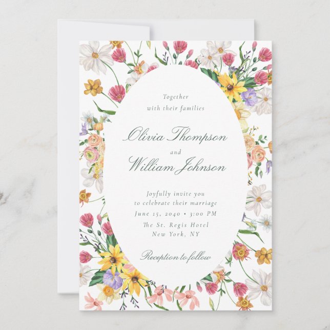 Invitación de boda de jardín floral con marco oval (Anverso)