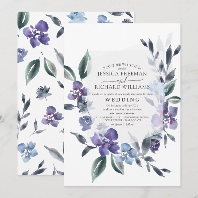 Invitación de boda de jardín floral morado polvori (Anverso / Reverso)