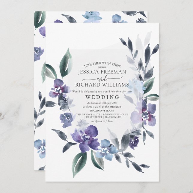 Invitación de boda de jardín floral púrpura polvor (Anverso / Reverso)