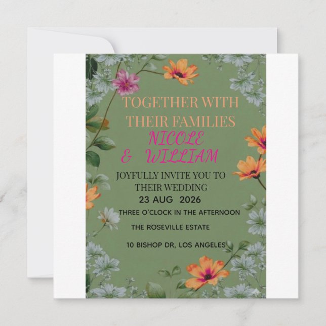 Invitación de Boda de Jardín Floral Verde Salvia (Anverso)