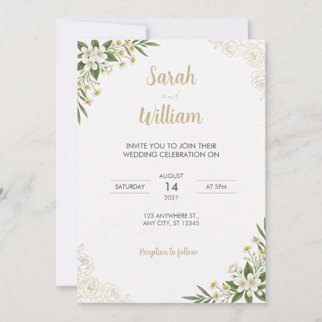 Invitación de boda de jazmín blanco con línea de a (Anverso)