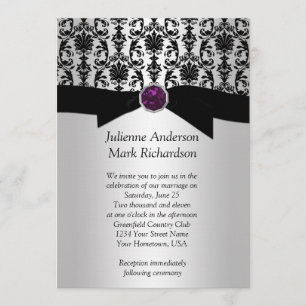 Invitación de boda de joya púrpura damasco de plat