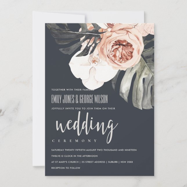 INVITACIÓN DE BODA DE LA FLORAL DE NAVY RUST MONST (Anverso)