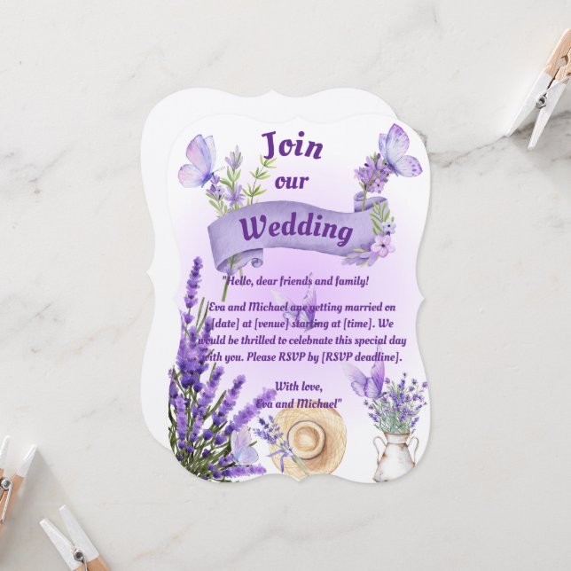 Invitación de boda de lavanda (Anverso/Reverso In Situ)