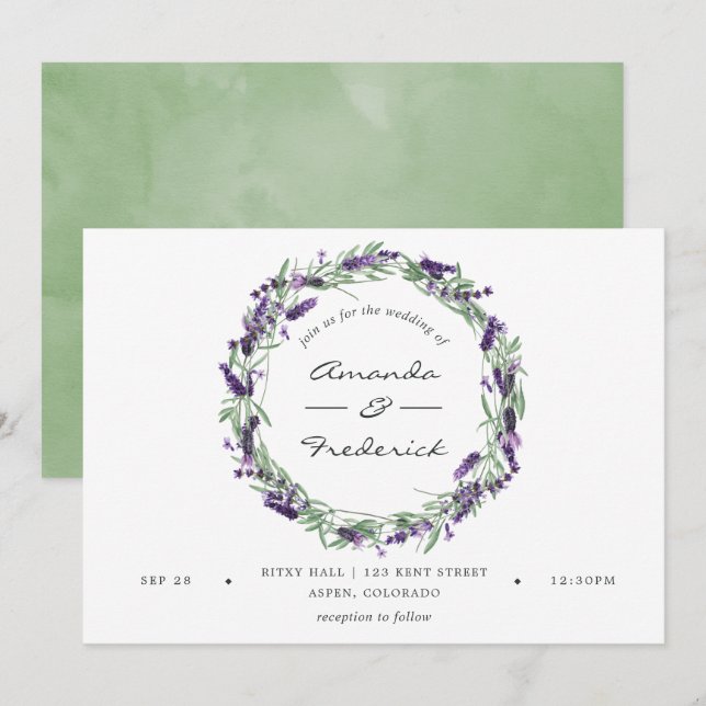 Invitación de boda de lavanda acuarela (Anverso / Reverso)
