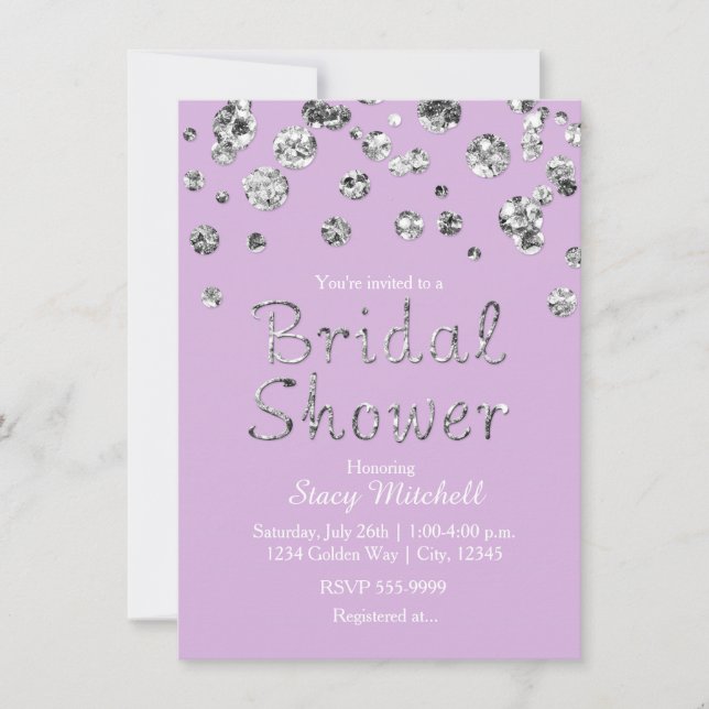 Invitación de boda de lavanda con brillo plateado (Anverso)