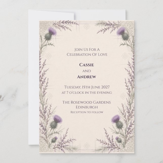Invitación de boda de lavanda con cardo escocés (Anverso)