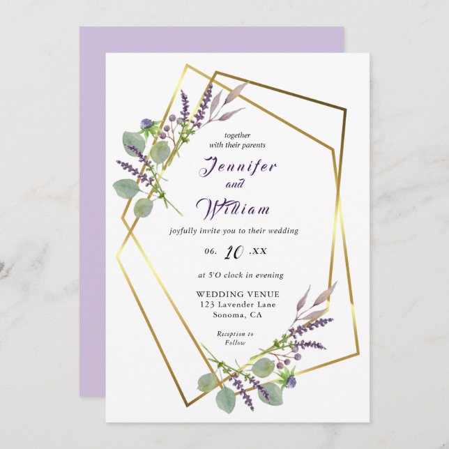 Invitación de boda de lavanda en acuarela y eucali (Anverso / Reverso)