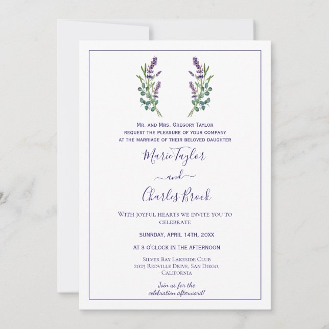 Invitación de boda de lavanda y eucalipto (Anverso)