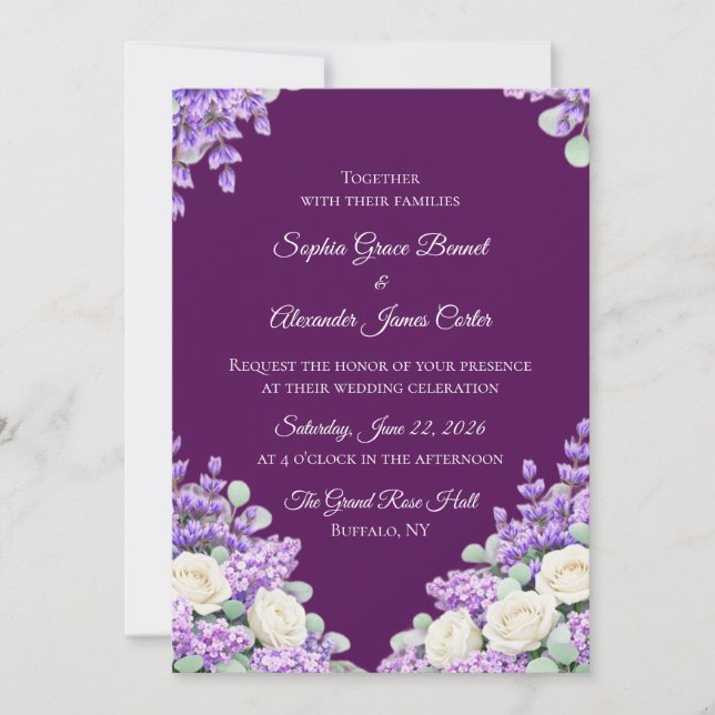Invitación de boda de lavanda y lilas (Anverso)