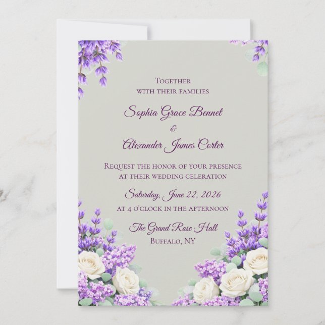 Invitación de boda de lavanda y lilas (Anverso)
