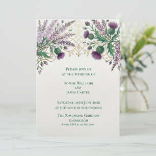 Invitación de boda de lavanda y oro con cardo esco
