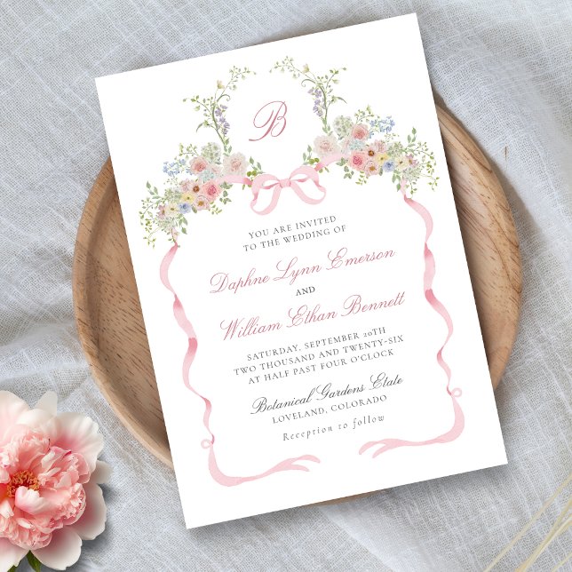Invitación de boda de lazos y flores silvestres (Monogrammed Bows and Wildflowers Victorian Wedding Invitation
)