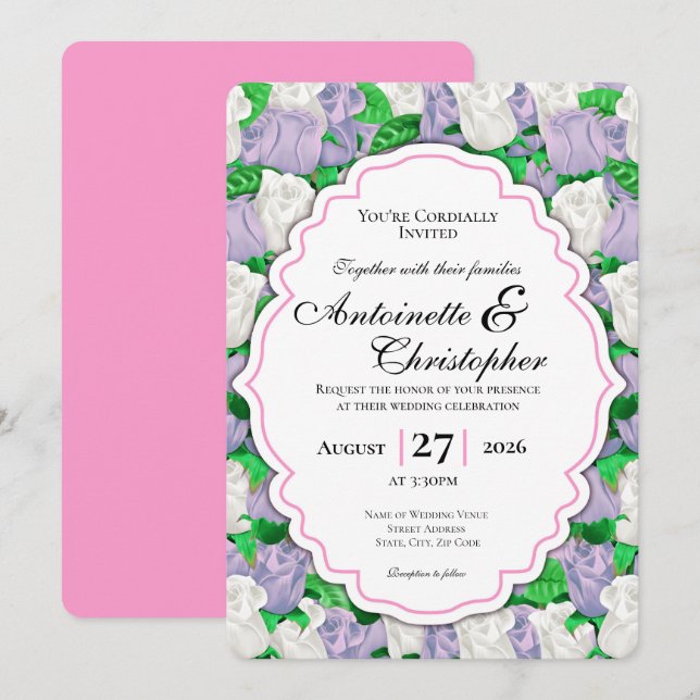 Invitación de boda de Lila y Rosa Blanca con Borde (Anverso / Reverso)