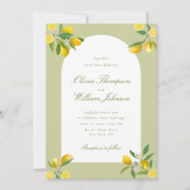 Invitación de boda de limón verde cítrico blanco (Anverso)