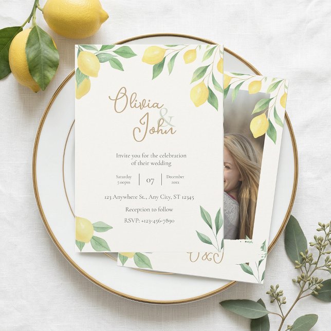 Invitación de Boda de Limón Verde Citrus Foto de F (Citrus Green Lemon Wedding Invitation Photo Back)