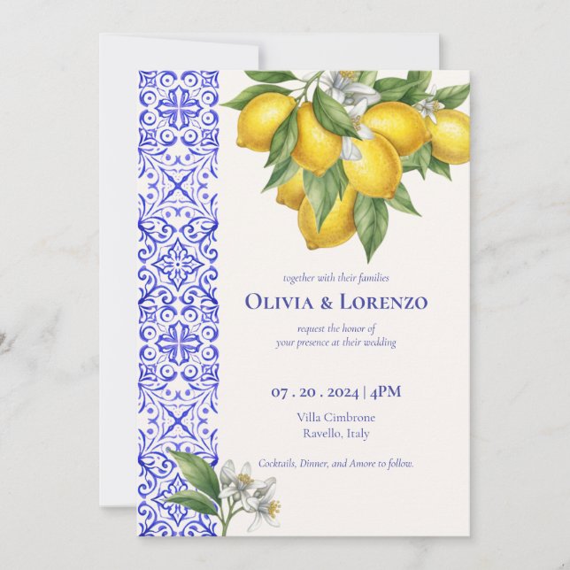 Invitación de boda de limón y azulejo azul de la c (Anverso)