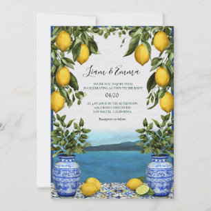 Invitación de boda de limones azulejos azul medite