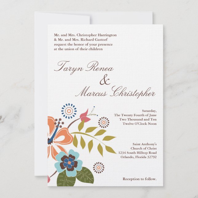Invitación de boda de lino con flores de Luau Trop (Anverso)