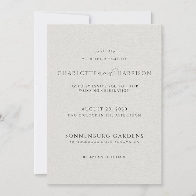 Invitación de boda de lino falso blanco con monogr (Anverso)
